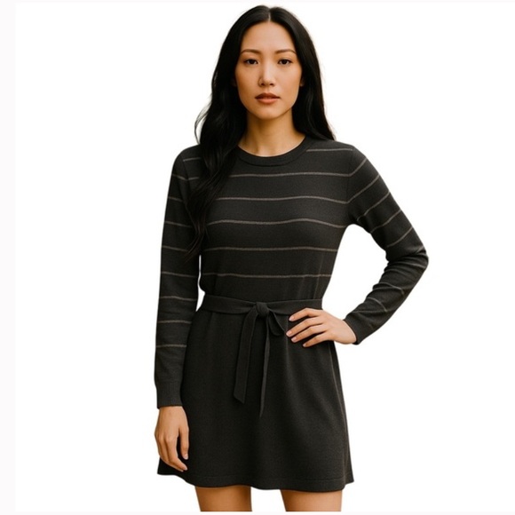 Theory Wool Blend Milly New Steady Stripe Tie Waist Fit n Flare Sweater Dress- M - Picture 3 of 10